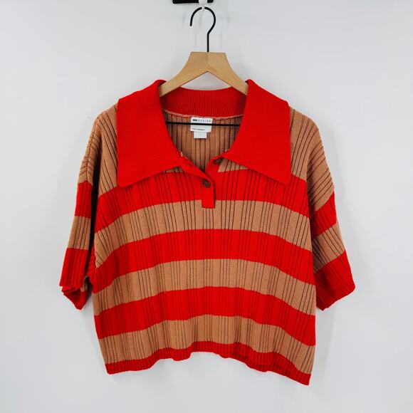 ASOS Striped Cropped Sweater Polo Collar Knit Top Size L Large Fall Outfit - Picture 1 of 6